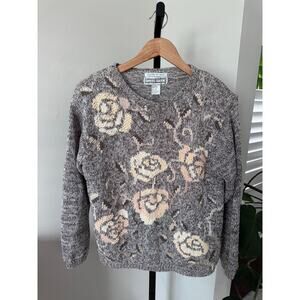 Dress Barn Womens Hand Knitted Gray Floral‎ Sweater